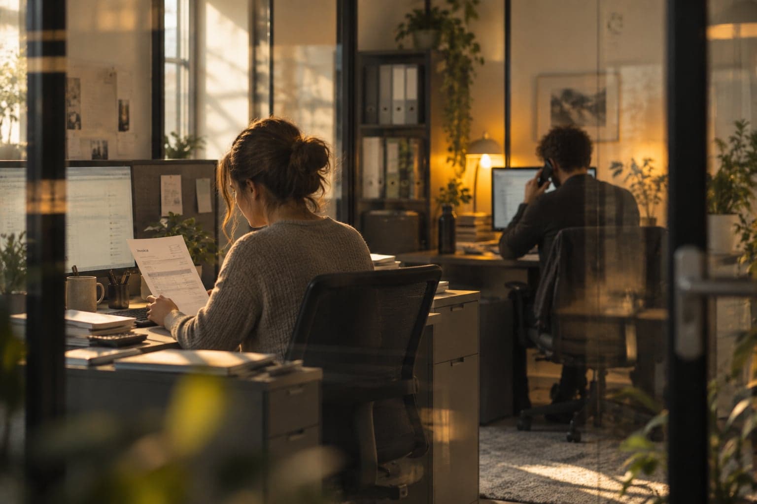Illustrative scene of accounts and sales colleagues working with invoices and customer records