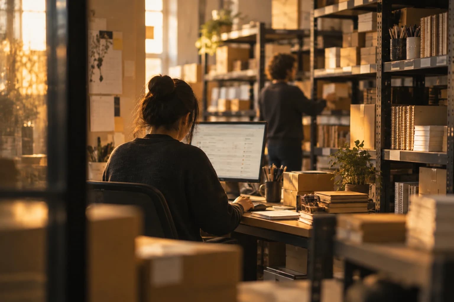 Illustrative scene of wholesale orders being processed beside stationery stock