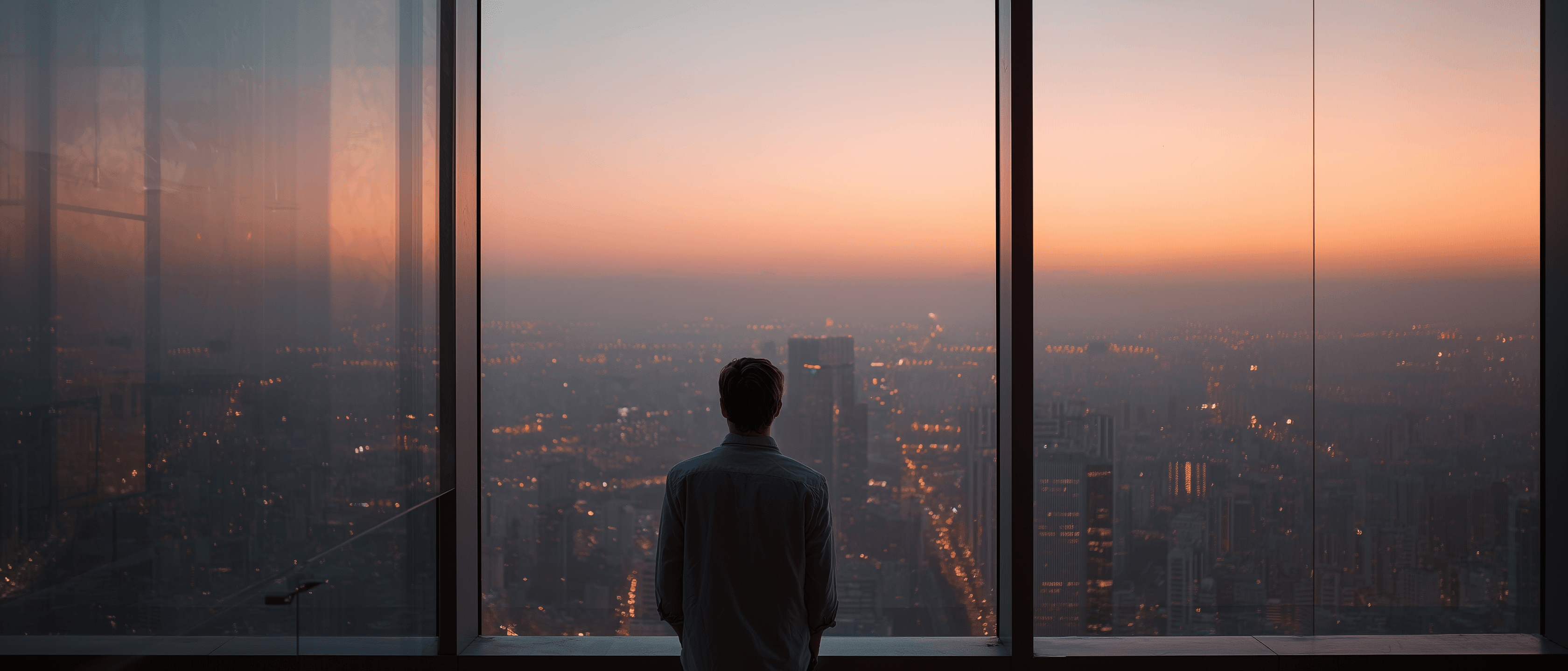 A founder standing at a window at dusk, city lights below