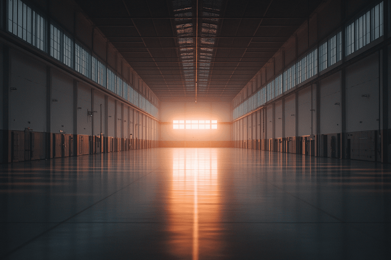 Industrial production line with warm factory lighting