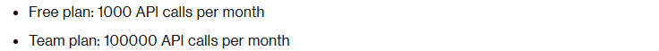 Airtable documentation lists 1,000 API calls per month for Free and 100,000 for Team.