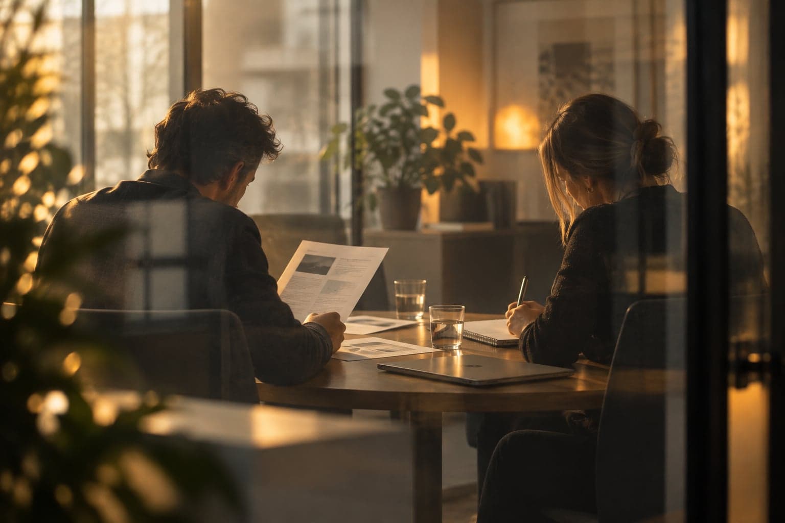 Illustrative scene of two decision-makers reviewing a development proposal