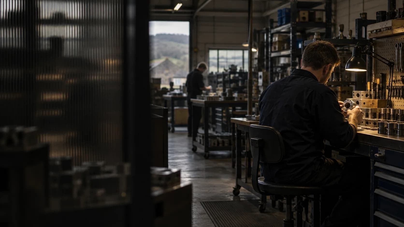 Illustrative manufacturing workshop with people working beside production equipment in warm amber light